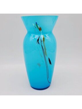 Handcrafted Blue Glass Vase With Abstract Stretched Glass Design 10" Tall